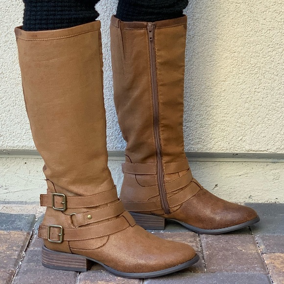 Distressed Cognac Burnished Toe Knee High l Boots - Picture 1 of 8